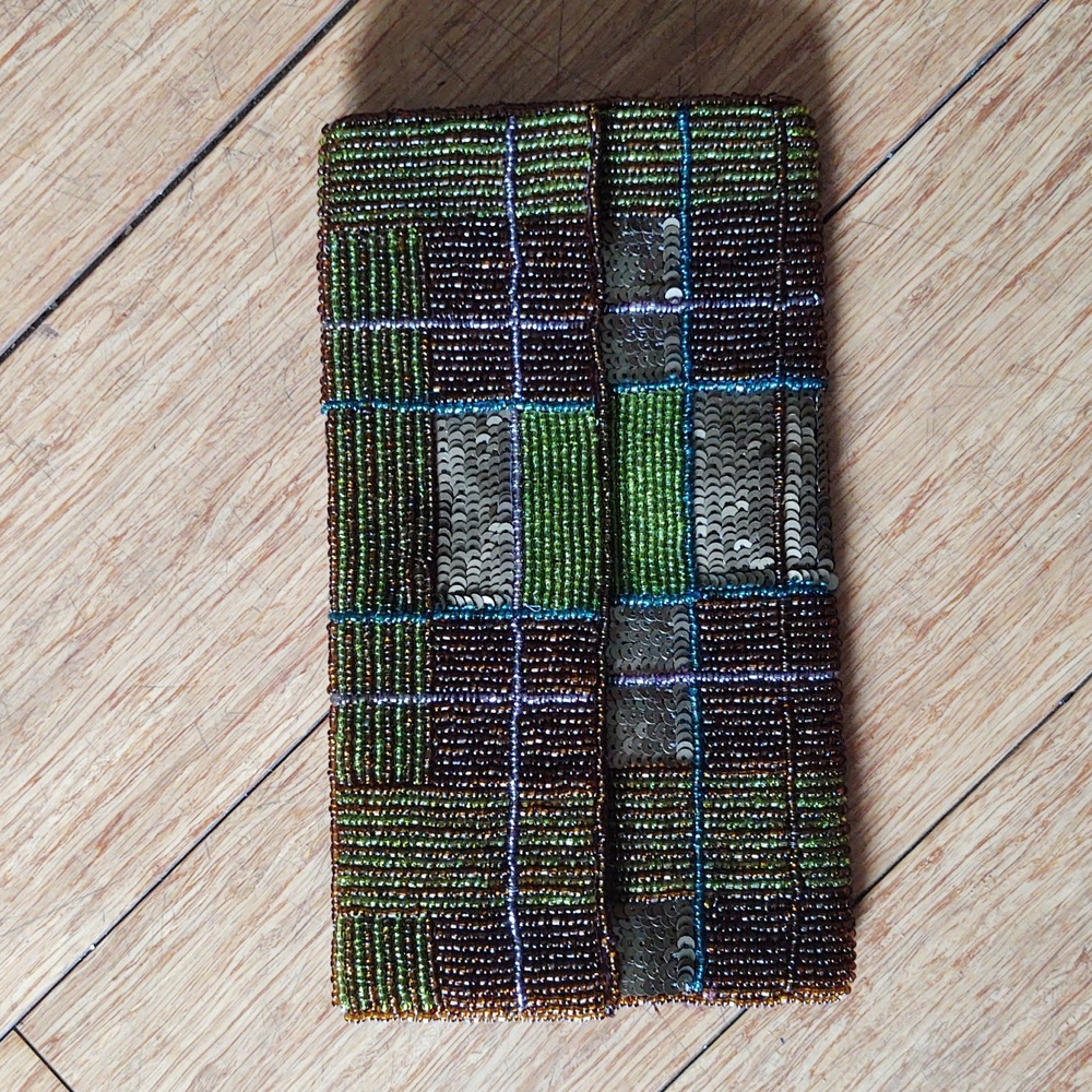 K.C. MALHAN BEADED CLUTCH STYLE PURSE GREEN BROWN BLUE SEQUIN GREAT